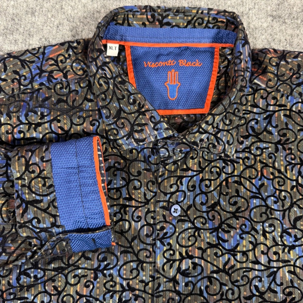 Visconti Black Button Down Shirt Velvet Scroll Men XLT Blue Black Flip Cuff